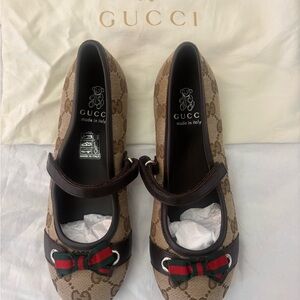 New GUCCI Kids GG Canvas Ballet Flats Mary Jane Web Bow Size 32 Made in Italy